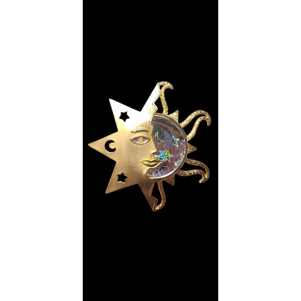 Vintage Celestial Mystical JJ Jonette Jewelry Holographic Sun Face  Brooch Pin